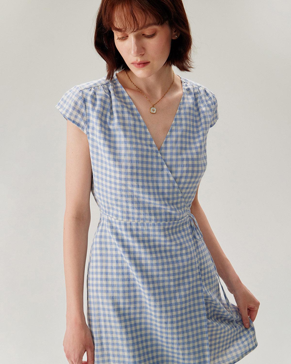 Blue Plaid Cap Sleeve Wrap Mini Dress Product Image