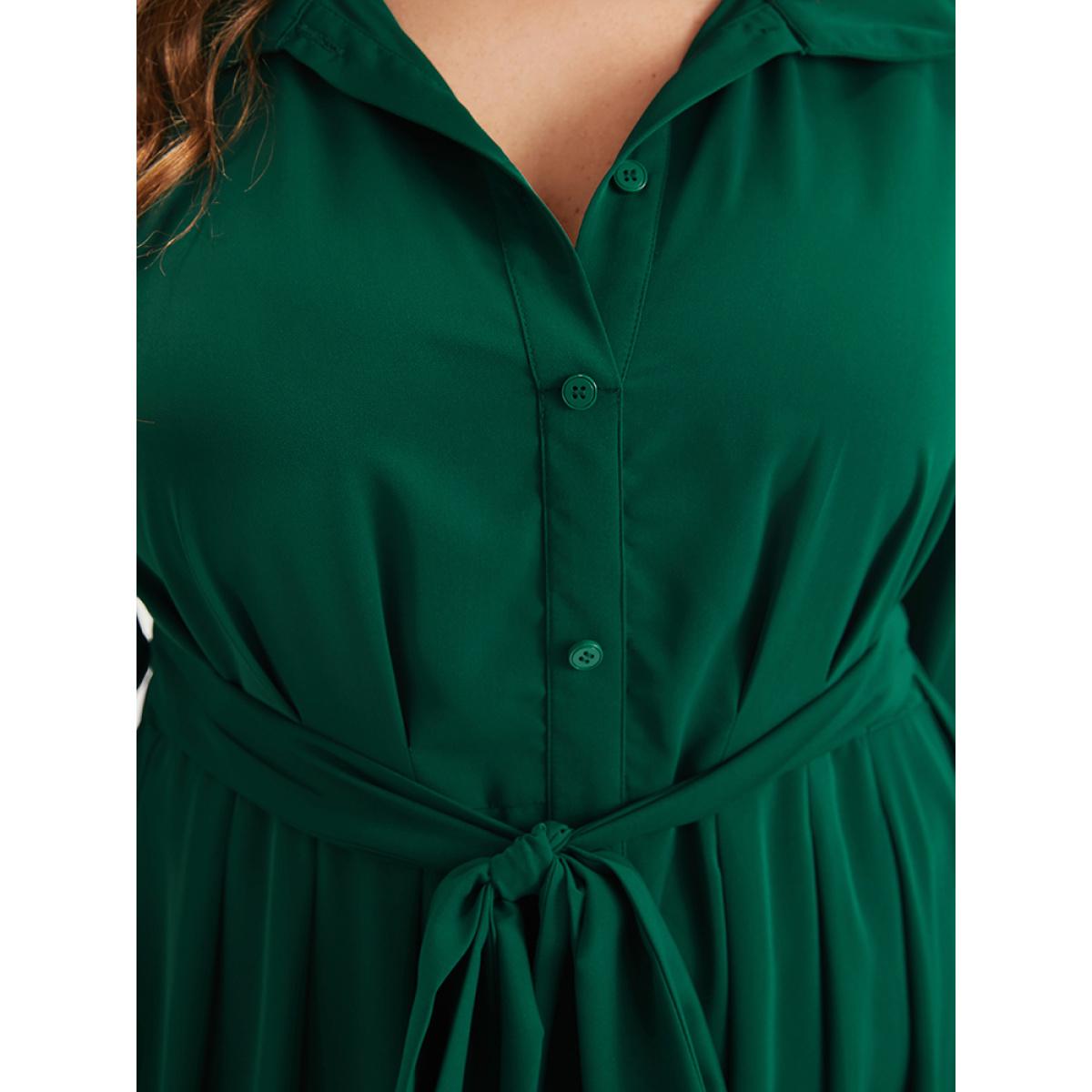 Plus Size Solid Button Pocket Flutter Knotted Shirt Collar Midi Dress DarkGreen Women Office Cross straps Shirt collar Long Sleeve Curvy Midi Dress BloomChic 28/5X Product Image