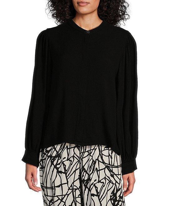 Bryn Walker Agnes Rayon Crepe Button Front Mandarin Collar Long Sleeve Top Product Image