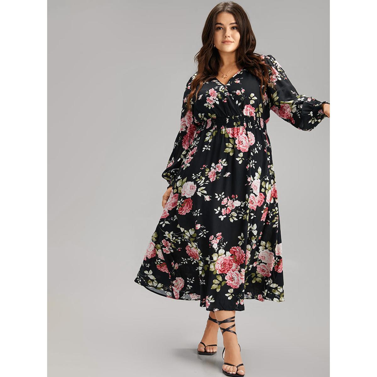Plus Size Supersoft Essentials Floral Pocket Shirred Dress Black Women Elegant Wrap Overlap Collar Long Sleeve Curvy Midi Dress BloomChic 26/4X Product Image