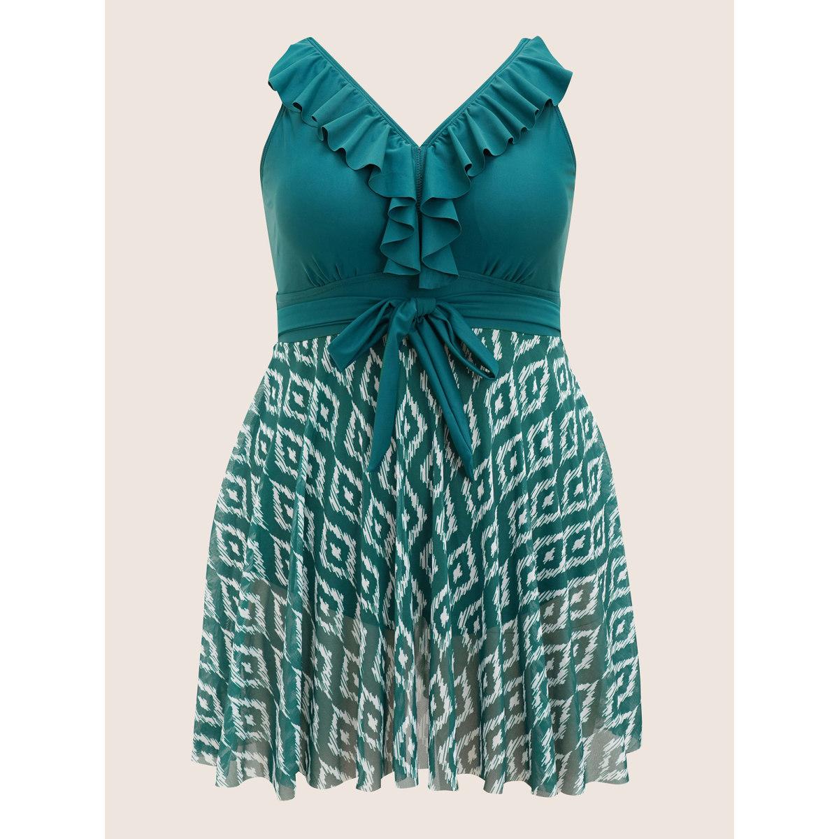Plus Size Geometric Patchwork See Through Ruffles Swim Dress Women's Swimwear DarkGreen Beach Bodycon V-neck High stretch Curve Swim Dresses BloomChic 28/5X Product Image