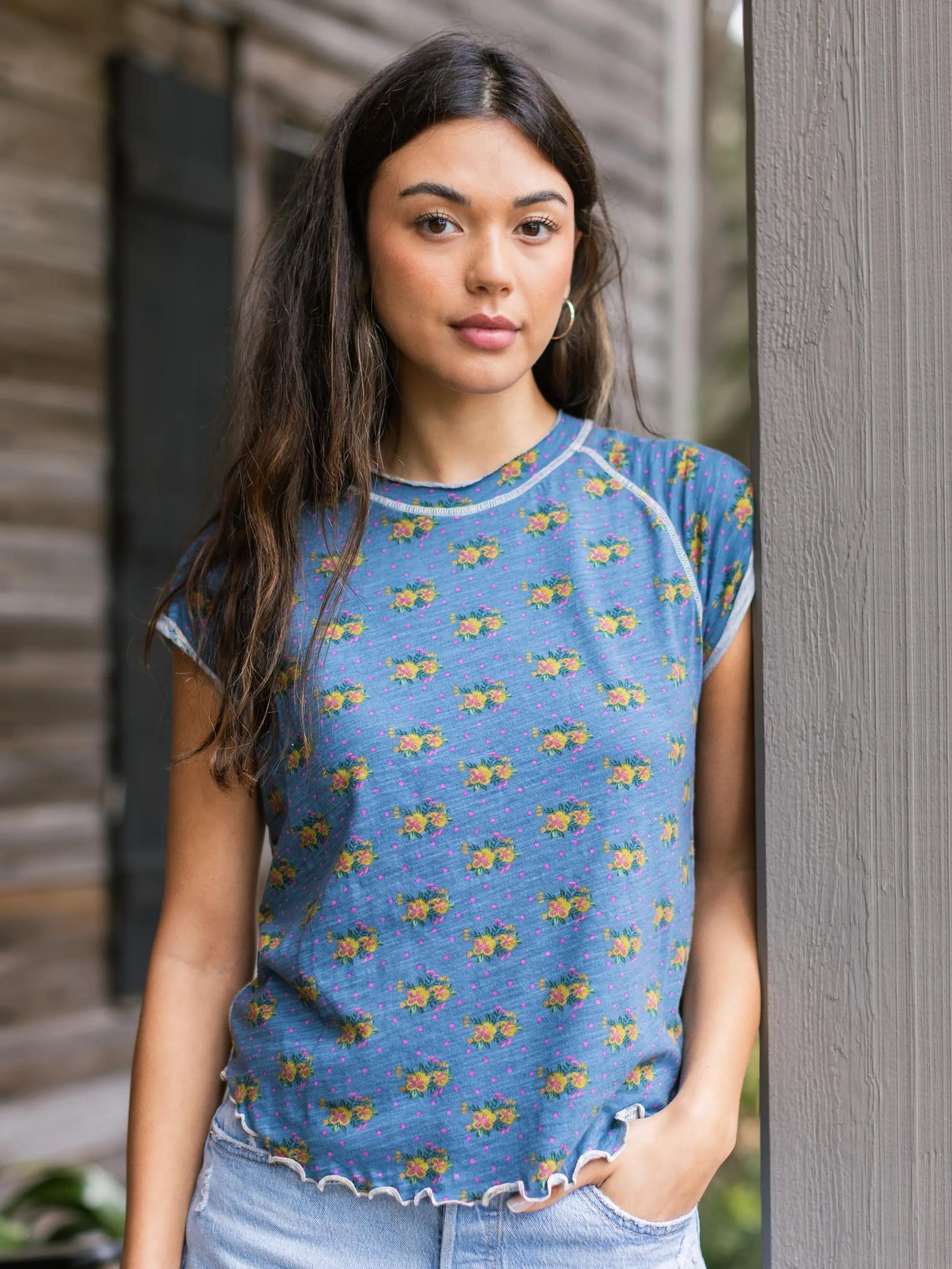 Lily Cotton Short Sleeve Tee Shirt - Blue Polka Dot Floral Product Image