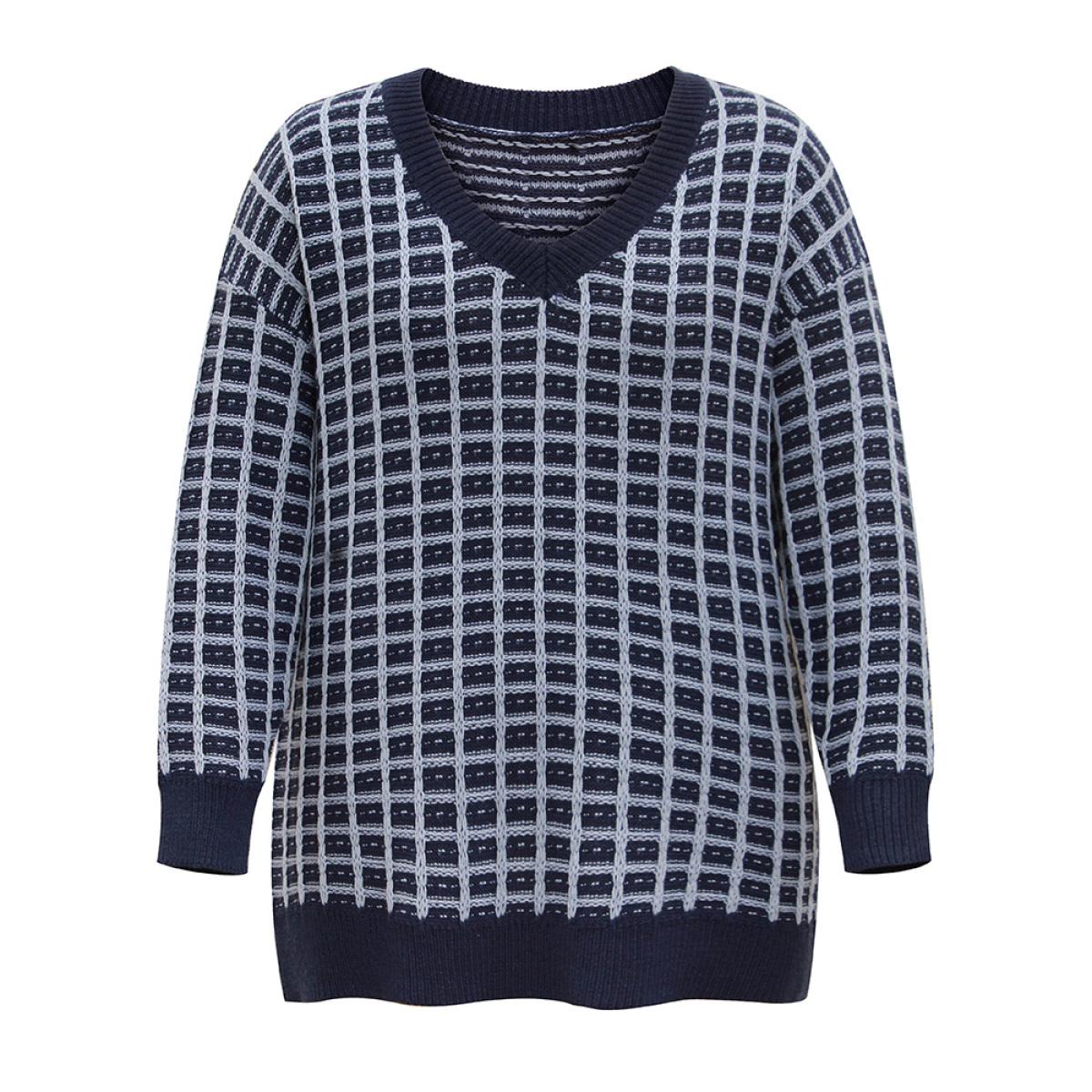 Plus Size Gingham Plisse V Neck Elastic Cuffs Pullover Midnight Women Casual Loose Long Sleeve V-neck Dailywear Pullovers BloomChic 12/L Product Image