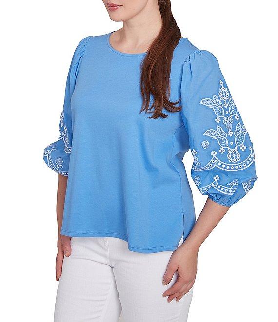 Ruby Rd. Crew Neck 3/4 Embroidery Puff Sleeve Side Slit Knit Top Product Image