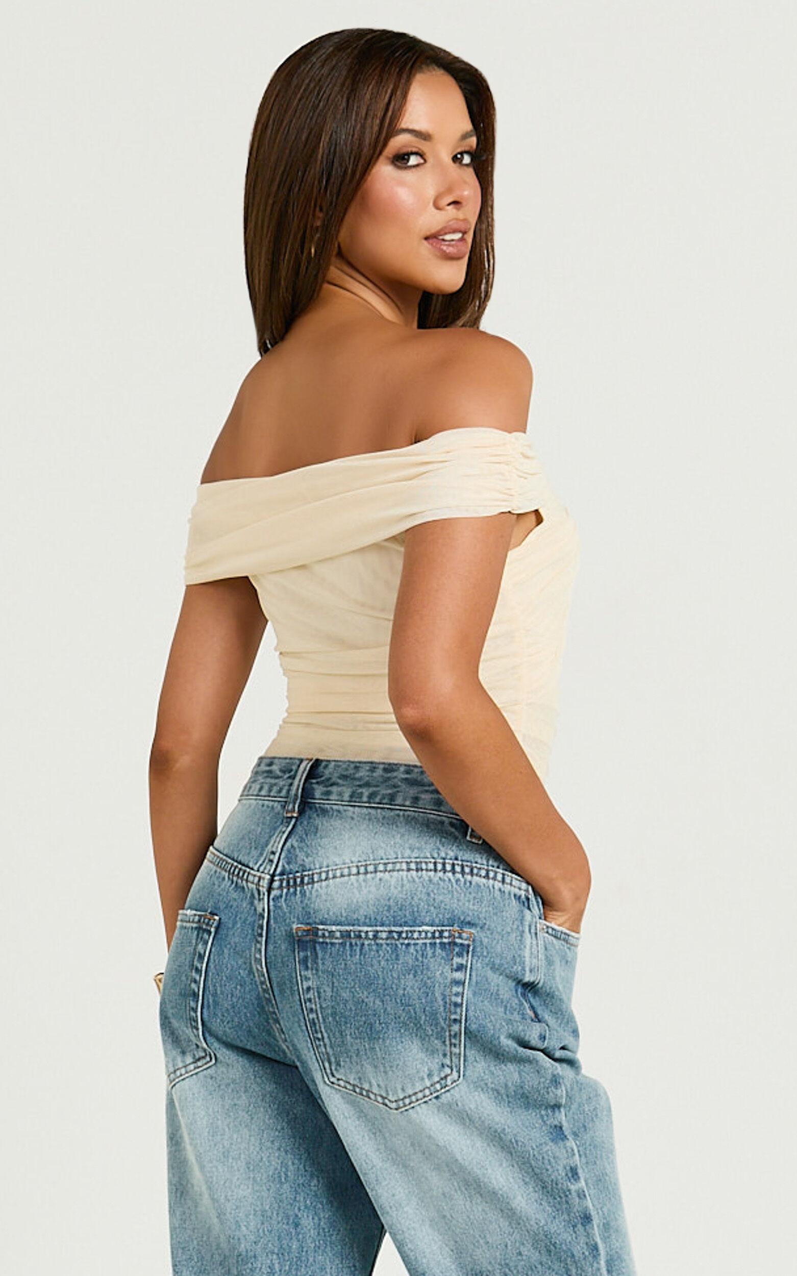 Carina Bodysuit - Twist Front Off Shoulder Mesh Bodysuit in Cream Product Image