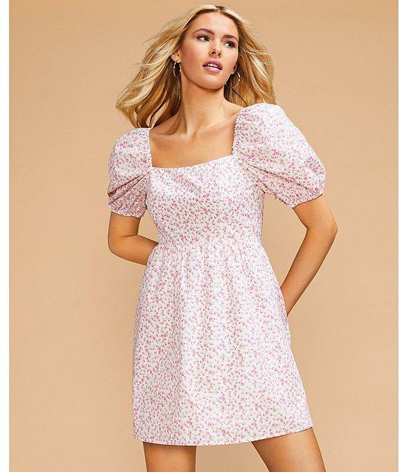 Copper Key Royal Floral Print Square Neck Short Puff Sleeve Smocked Back Dress Product Image