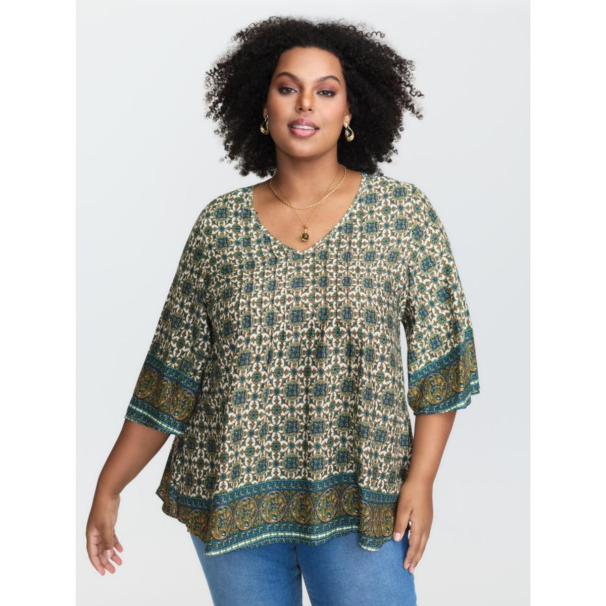 Plus Size Multicolor Pin-Tuck Pleat Ornate Print Relaxed Fit Shirt Women Boho Elbow-length sleeve V-neck Vacation Blouses BloomChic 26/4X Product Image