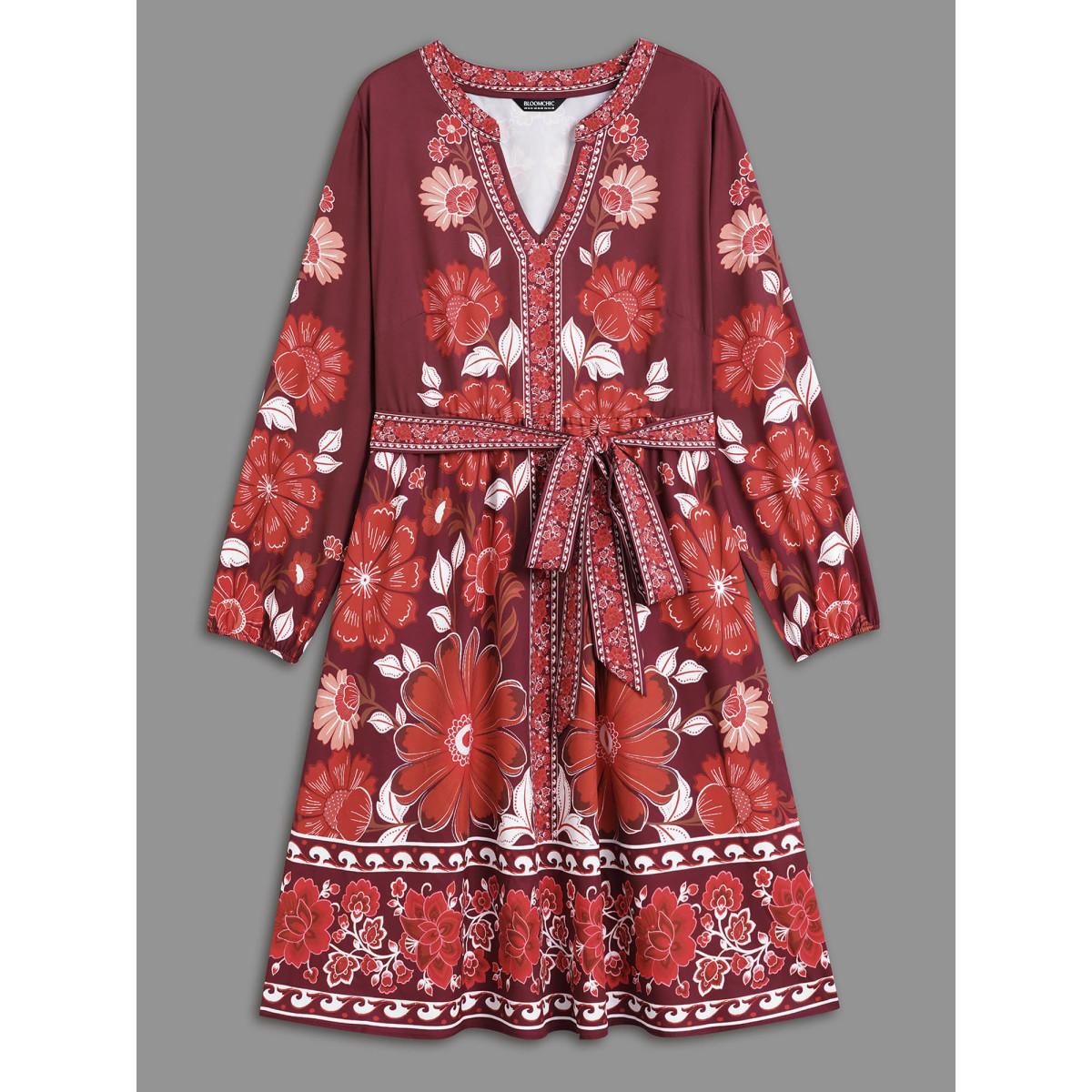 Plus Size Boho Print Belted Lantern Sleeve Dress Burgundy Women Cocktail Belted Notched collar Long Sleeve Curvy BloomChic 28/5X Product Image