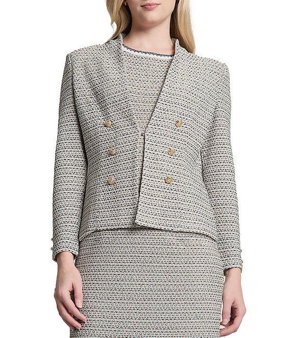 Ming Wang x Tanya Foster Tweed Knit V-Neck Long Sleeve Hook Front Jacket Product Image
