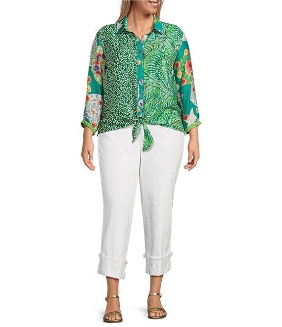 John Mark Plus Size Woven Printed Point Collar 3/4 Sleeve Tie-Front Shirt Product Image