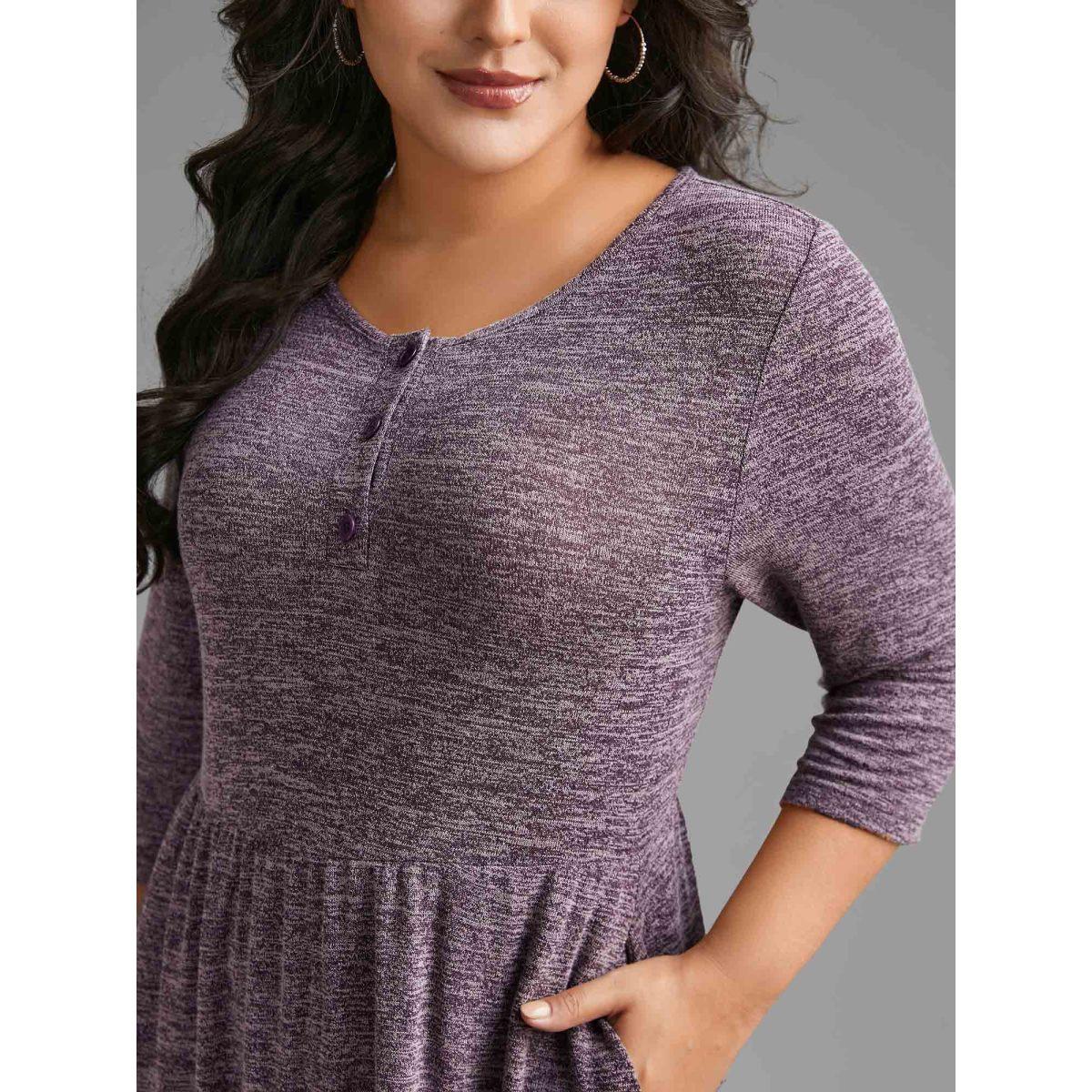 Plus Size Solid Heather Button Up Knit Dress Deeppurplered Women Casual Button Knit Dresses Bloomchic 28/5X Product Image
