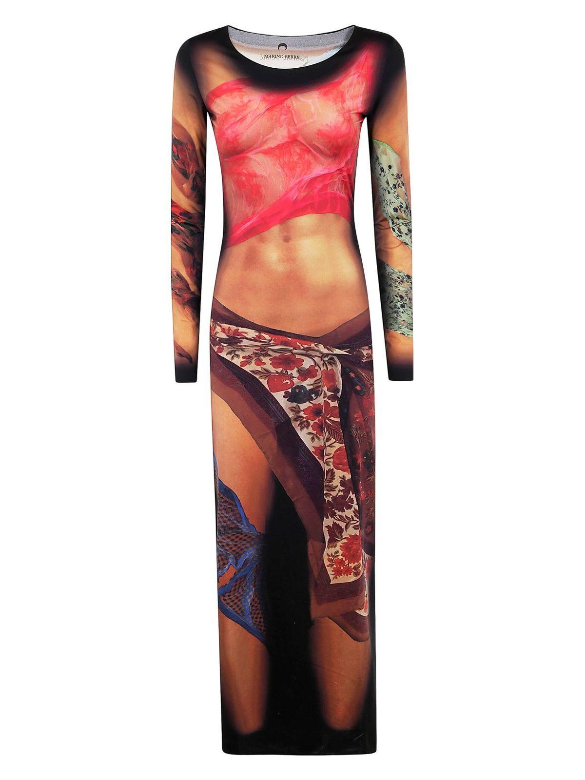 MARINE SERRE Multicolor Long Dress With All-over Graphic Print In Tech Fabric Woman In Beige Product Image