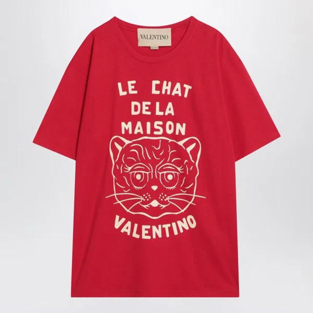 VALENTINO Graphic Print House Cat Crew Neck T-shirt In Red Product Image