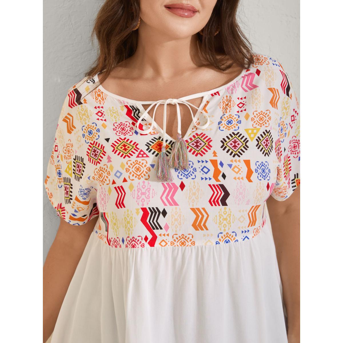 Plus Size WhiteSmoke Multicolor Boho Stripes Woven Cut-Out Blouse Women Short sleeve Flat collar with V-notch Vacation Blouses BloomChic 26/4X Product Image