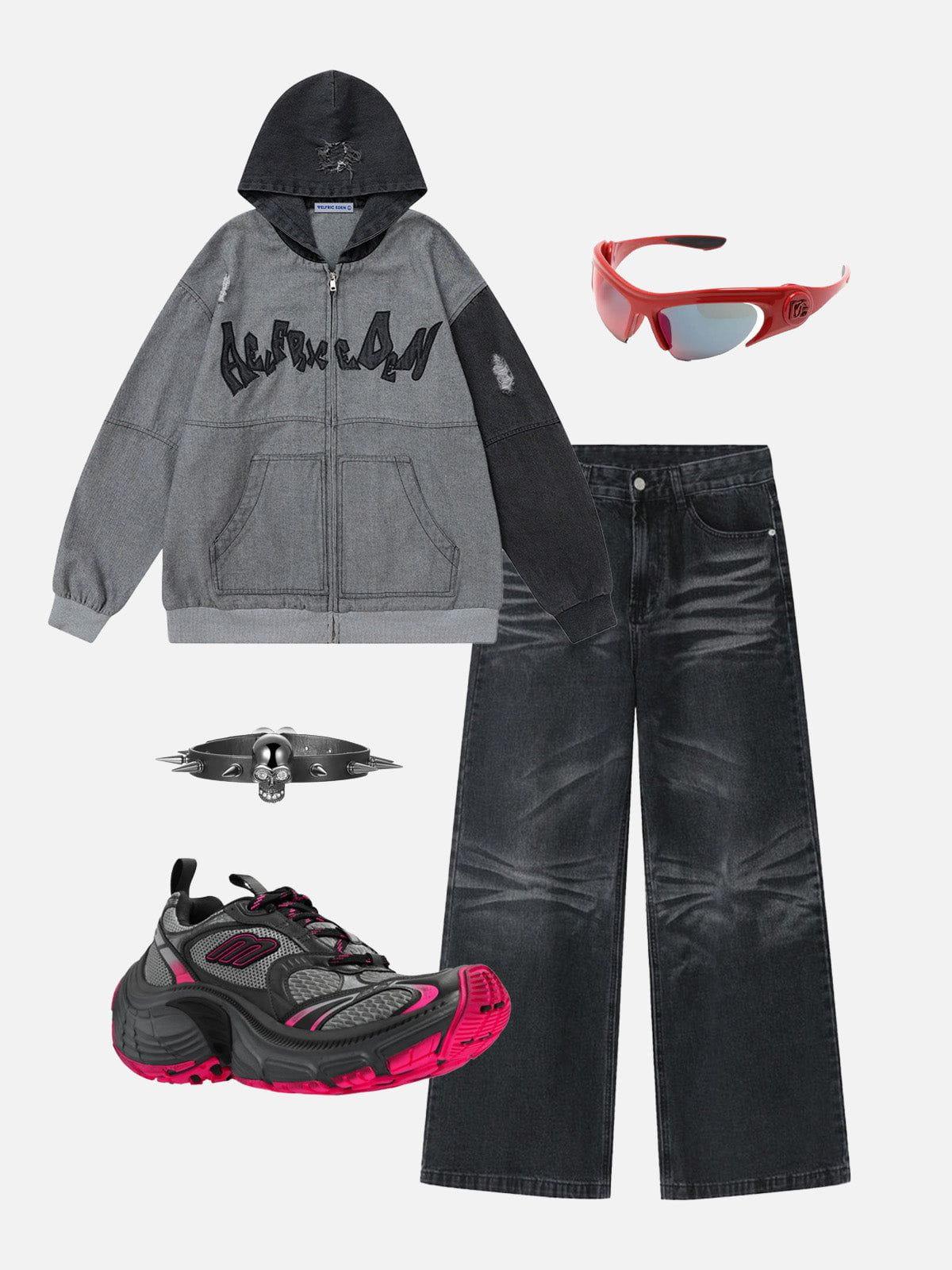 Aelfric Eden Denim Patchwork Zip Up Hoodie Product Image