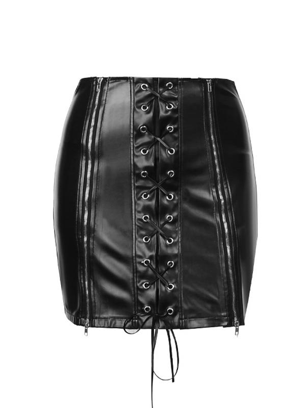 Double Zip Eyelet Tie Up Leather Mini Skirt Product Image