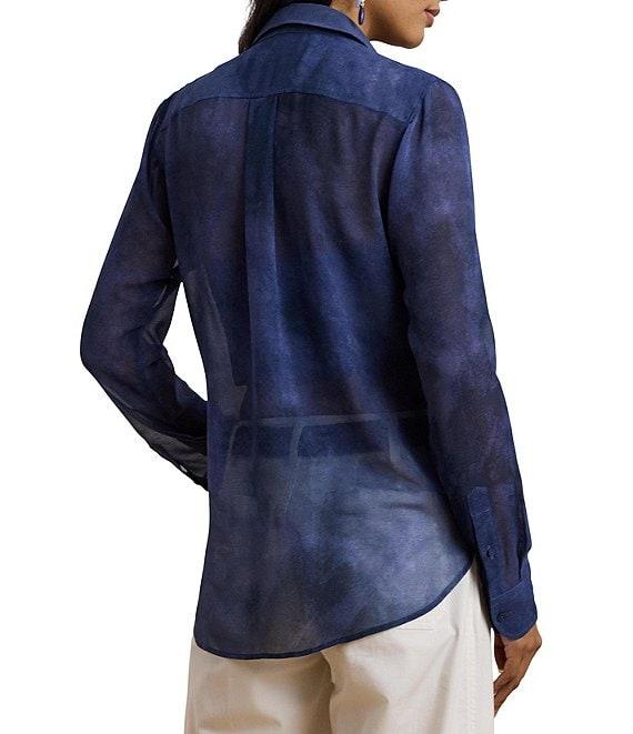 Lauren Ralph Lauren Sheer Chiffon Cerulean Print Point Collar Long Sleeve Shirt Product Image