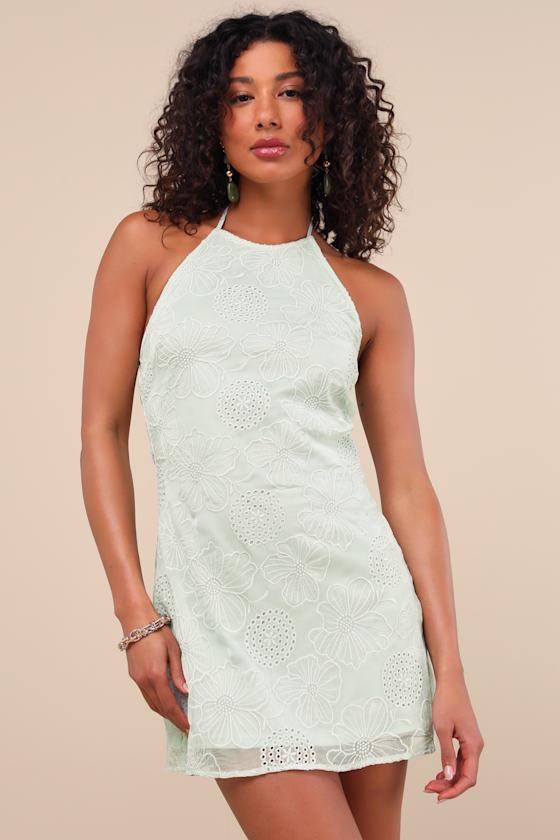 Letitia Light Sage Embroidered Halter Mini Dress Product Image