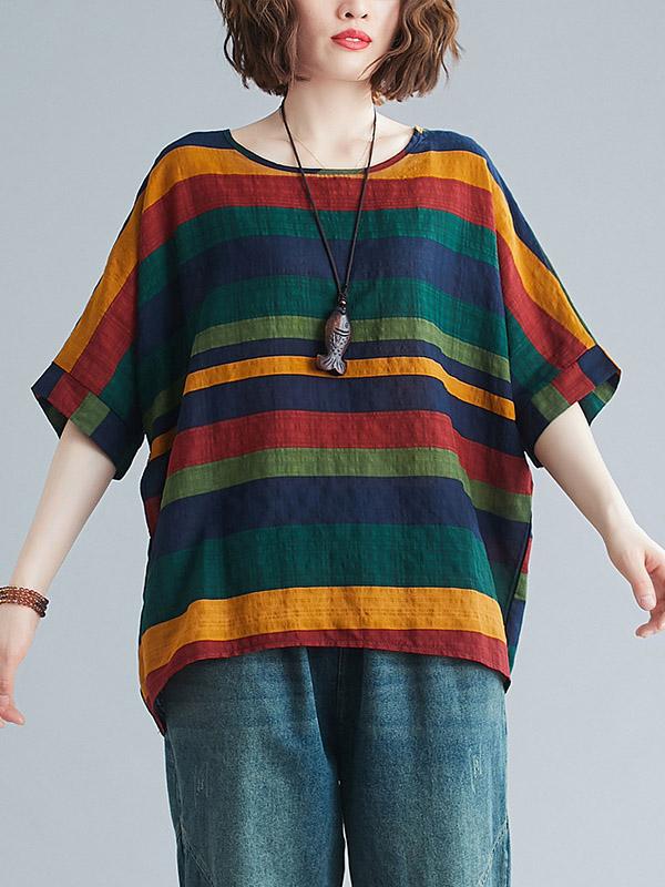 Rainbow Stripe Batwing Sleeves T-Shirts Tops Product Image