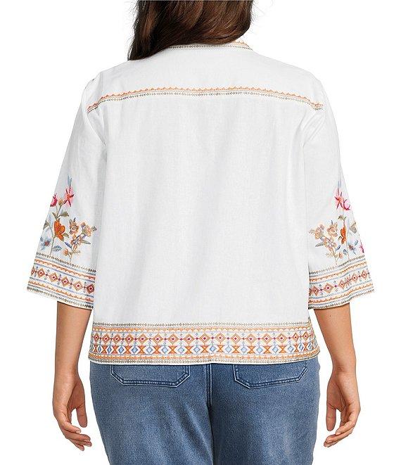 John Mark Plus Size Embroidered Floral Point Collar Short Sleeve Button-Front Blouse Product Image