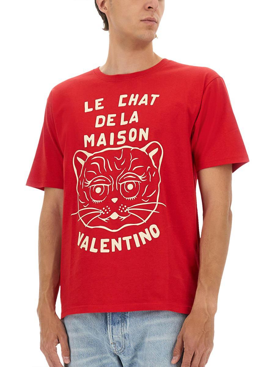 VALENTINO Graphic Print House Cat Crew Neck T-shirt In Red Product Image