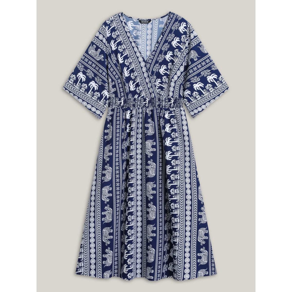 Plus Size Resort Ready Print Shirred Waist Maxi Dress DarkBlue Women Overlap Collar Half Sleeve Curvy BloomChic 22-24/3X Product Image