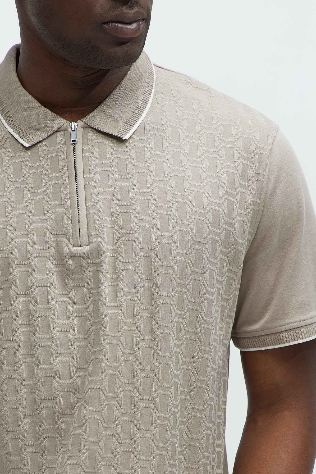 Geometric Textured Zip Polo - Taupe Product Image