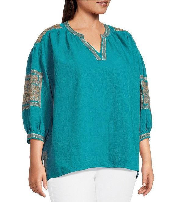 Calessa Plus Size Crinkle Textured Foulard Embroidered Split V-Neck 3/4 Sleeve Tunic Product Image