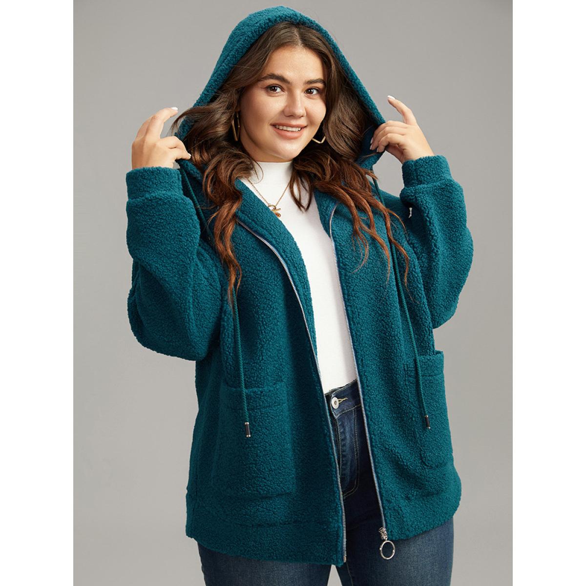 Plus Size Plain Texture O Ring Zipper Hooded Drawstring Jacket Women Aegean Texture Pocket Everyday Jackets BloomChic 10/M Product Image