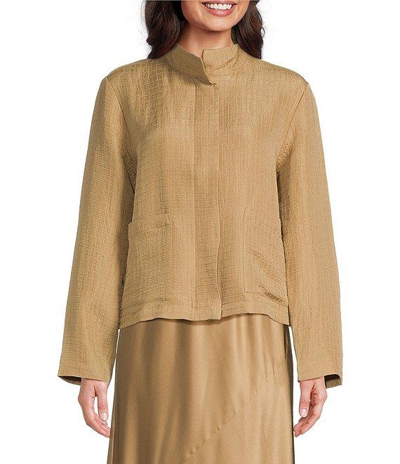 Eileen Fisher Silk Linen-Blend Stand Collar Long Sleeve Pocketed Boxy Fit Jacket Product Image
