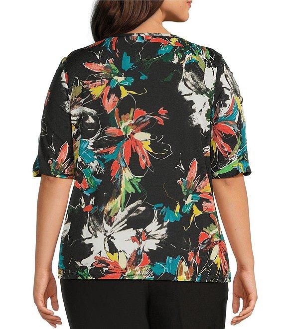 Investments Plus Size Knit Floral Garden Gestures Elbow Length Sleeve Crew Neck Top Product Image