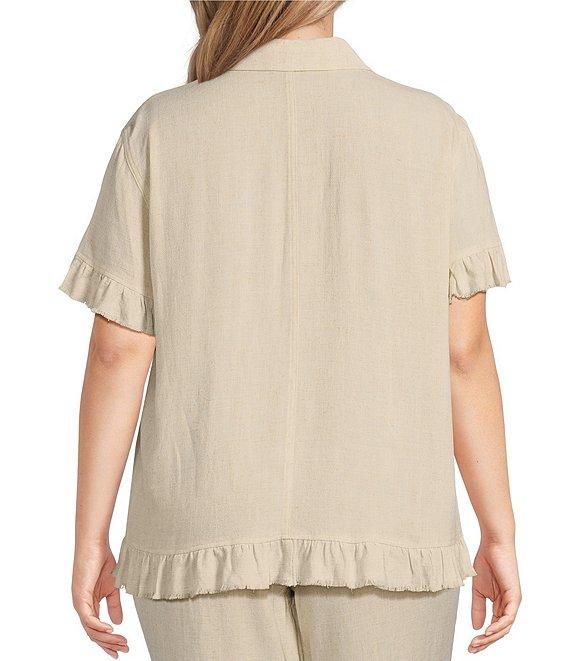 Multiples Plus Size Textured Slub Woven Point Collar Short Sleeve Ruffle Detail Fitted Button-Front Jean Jacket Product Image