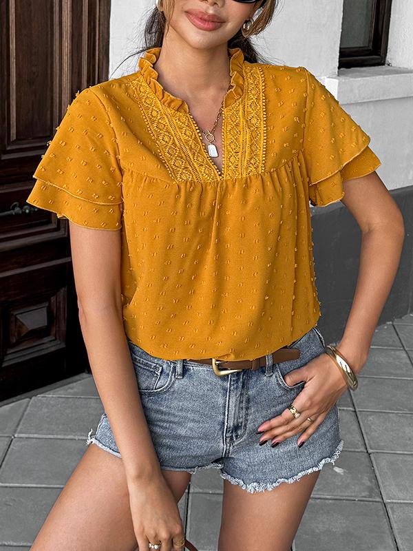 Loose Ruffle Sleeves Jacquard Pleated Solid Color V-Neck Blouses&Shirts Tops Product Image