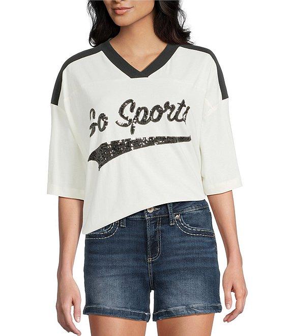 Miss Chievous V-Neck Go Sports Short Sleeve Varsity T-Shirt Product Image