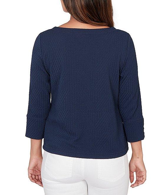 Ruby Rd. Petite Size Abstract Textured Pucker Knit Scoop Neck 3/4 Sleeve Top Product Image