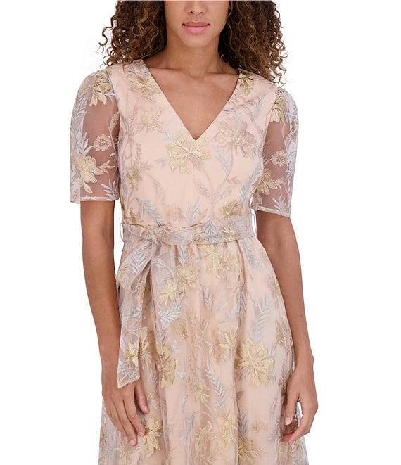 Kensie Embroidered Lace Mesh V-Neck Short Sleeve Self Tie Belt A-Line Midi Dress Product Image