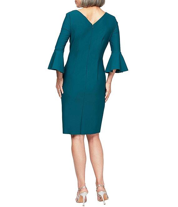 Alex Evenings Scuba Crepe Round Neck 3/4 Bell Sleeve Embellished Brooch Cascade Ruffle Compression Sheath Dress Product Image
