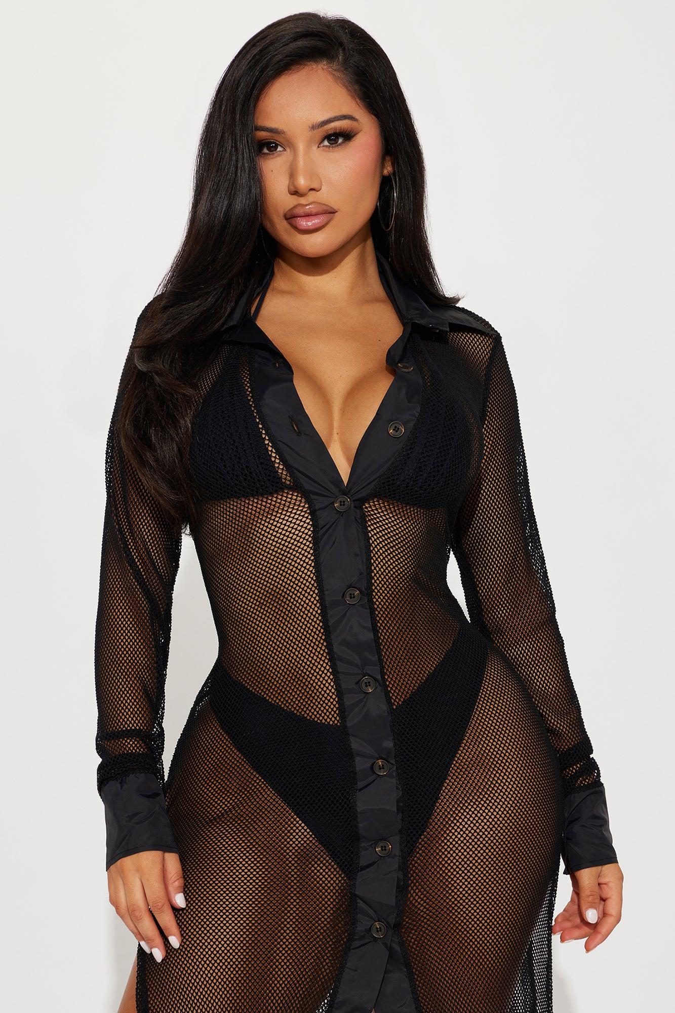 Sultry Sun Fishnet Cover Up Dress - Black Product Image