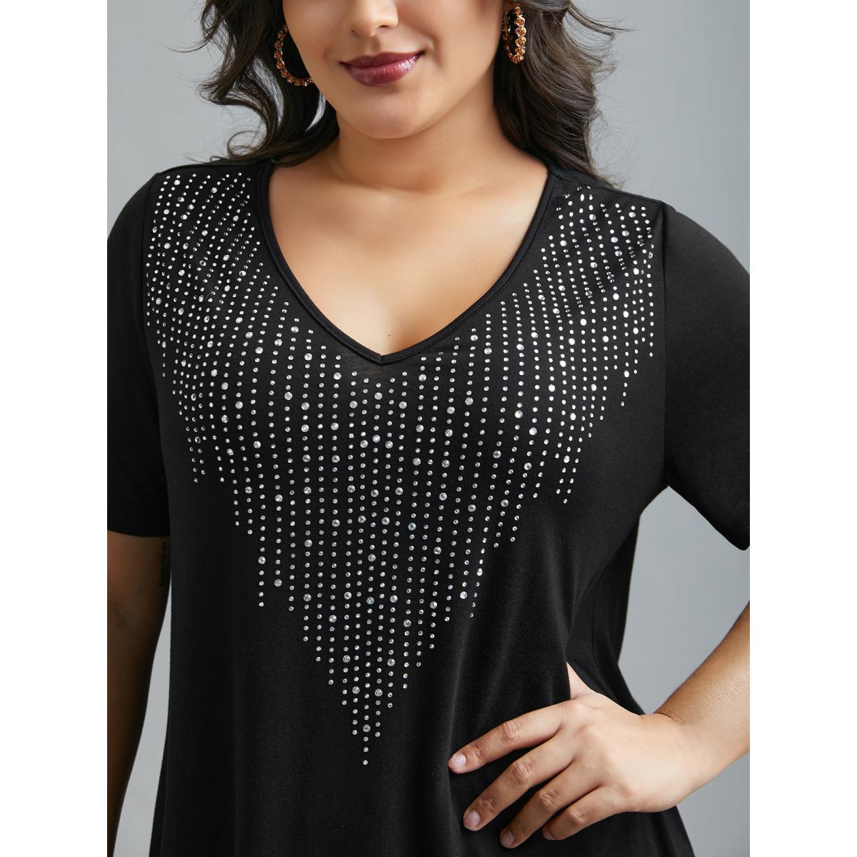 Plus Size V-Neck Rhinestone Stretchy T-Shirt Black Women Elegant Rhinestone detailing V-neck Everyday T-shirts BloomChic 14-16/1X Product Image