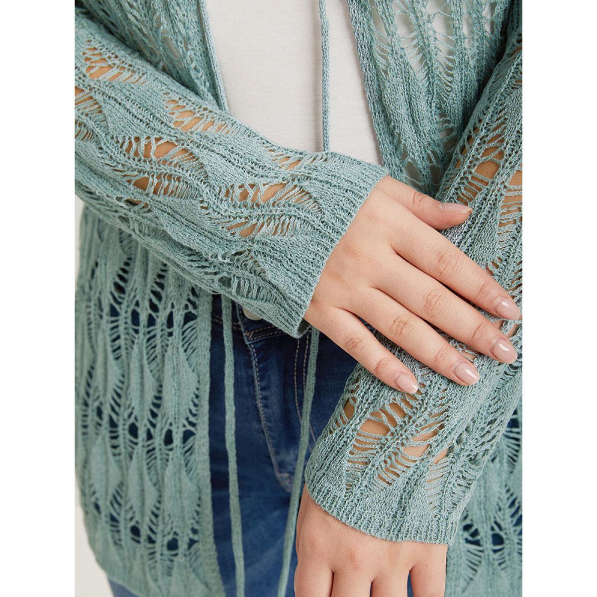 Plus Size Solid Tie Front Hollow Out Cardigan Stone Women Casual Loose Long Sleeve Everyday Cardigans BloomChic 12/L Product Image