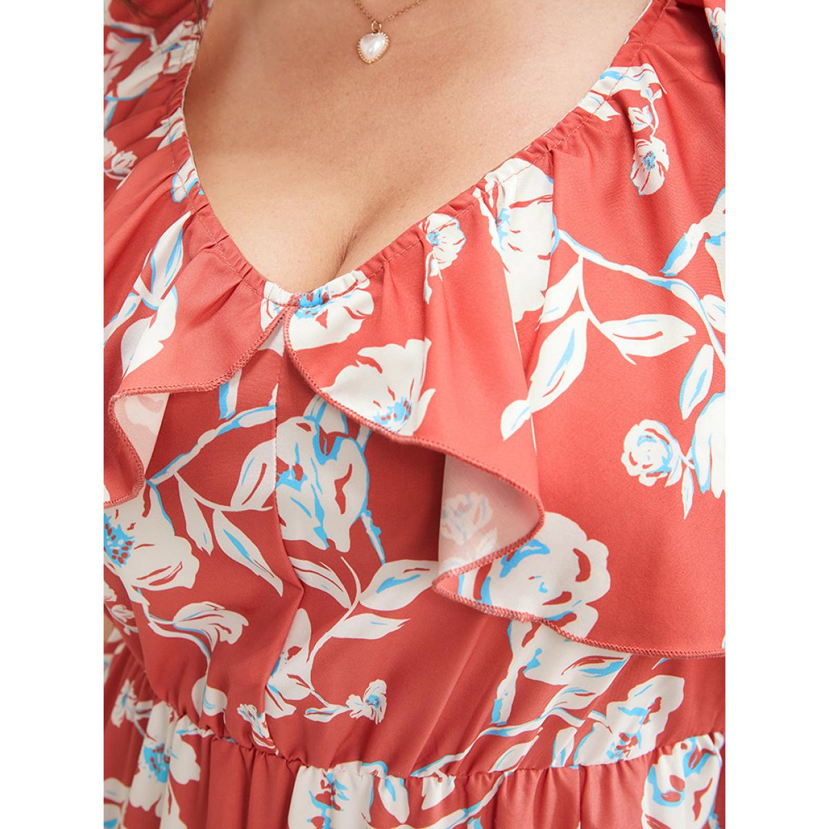 Plus Size Floral Printed Ruffle Trim Pocket V Neck Split Hem Dress Coral Women Elegant Elastic Waist V-neck Sleeveless Curvy Midi Dress BloomChic 28/5X Product Image