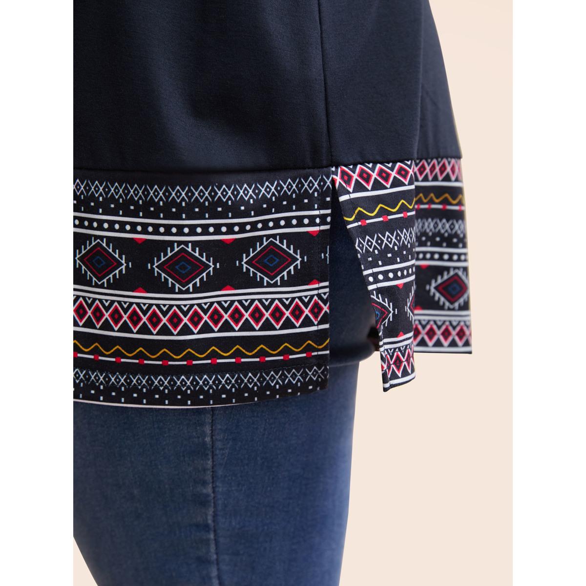 Plus Size Crew Neck Bandana Patchwork Split Hem T-shirt Midnight Women Casual Contrast Art&design Round Neck Everyday T-shirts BloomChic 14-16/1X Product Image