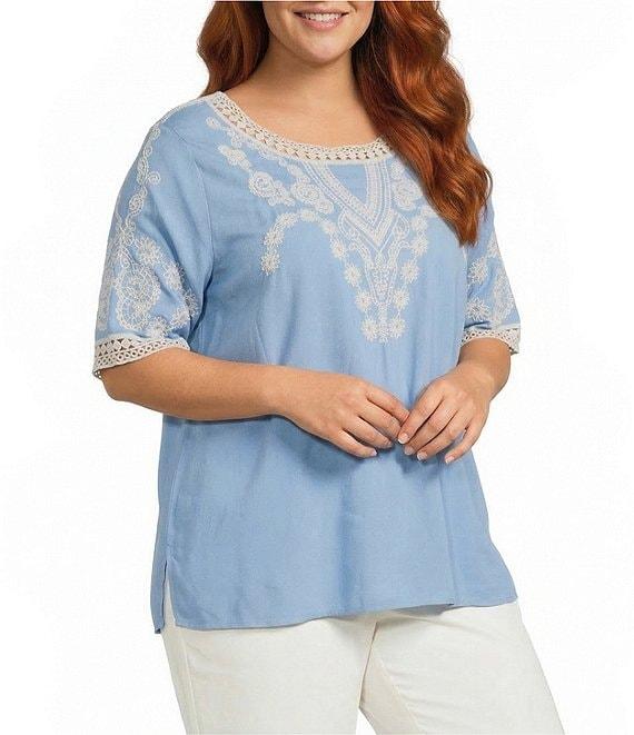 Leo & Nicole Plus Size Embroidered Crochet Boat Neck Trim Elbow Length Sleeve Top Product Image
