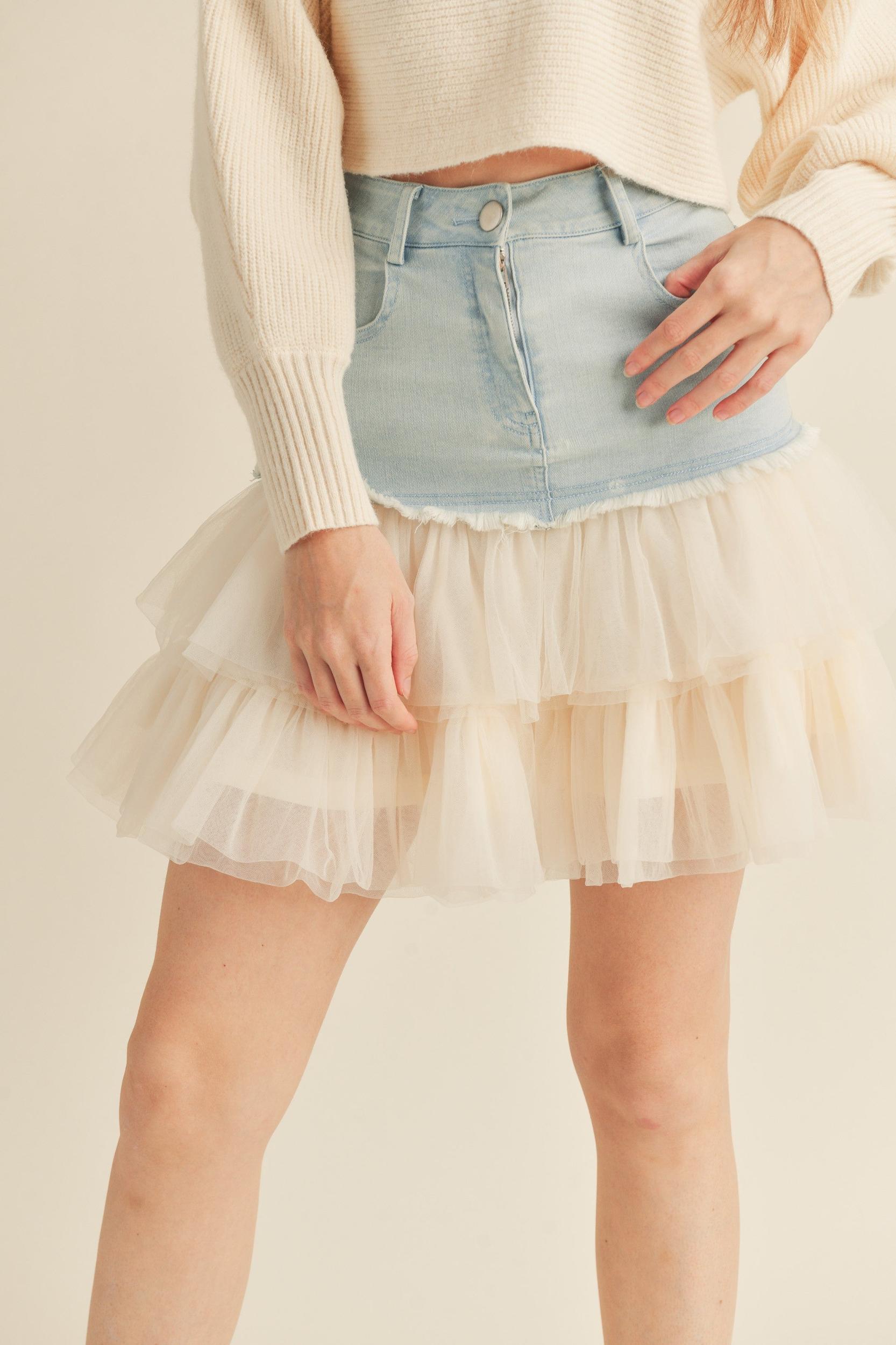 Denim Mini Skirt with Tulle Product Image