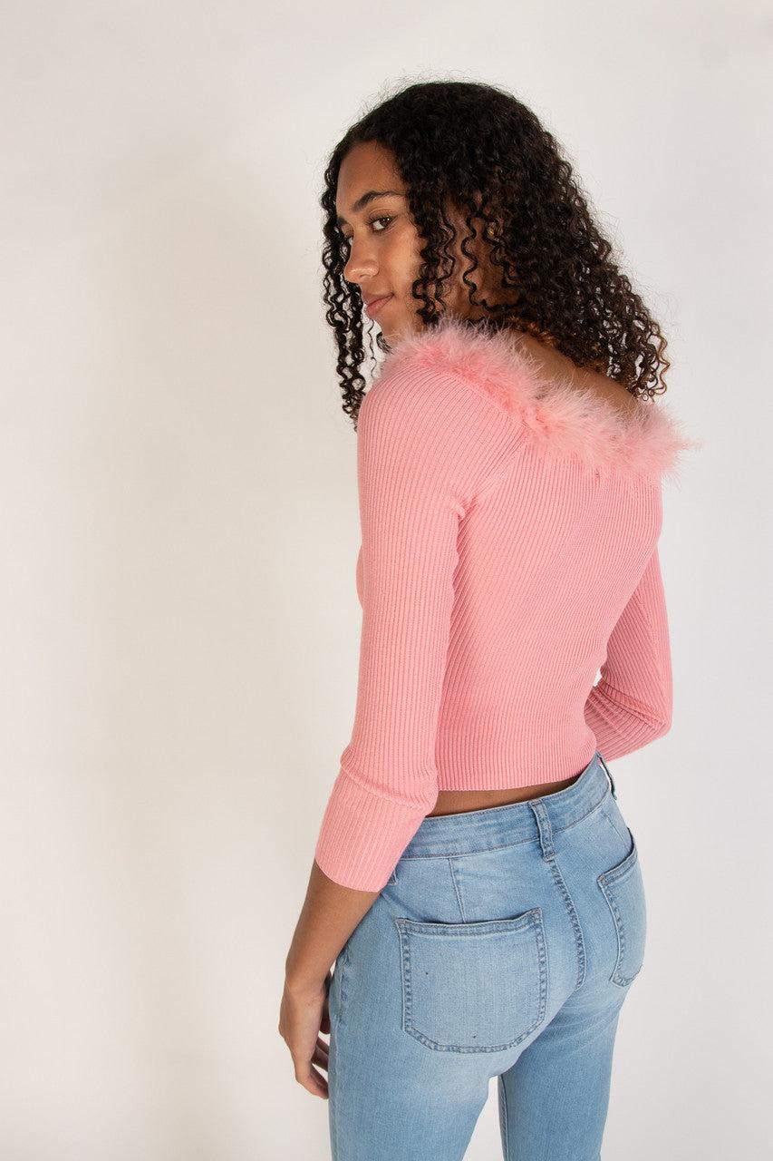 Off The Shoulder Feather Trim Sweater Product Image