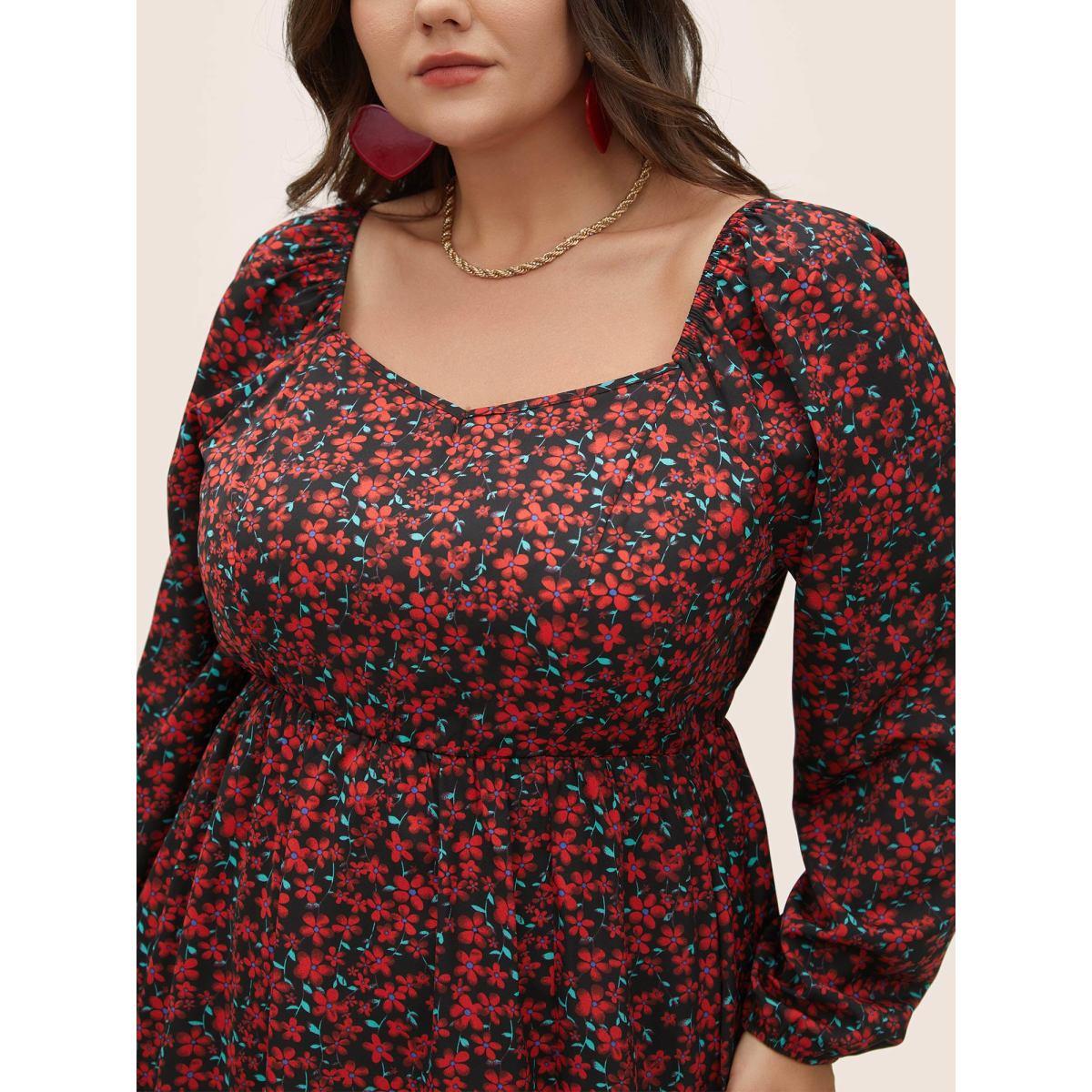 Plus Size Ditsy Floral Square Neck Split Side Dress Black Women Elegant Elastic cuffs Square Neck Long Sleeve Curvy Midi Dress BloomChic 28/5X Product Image