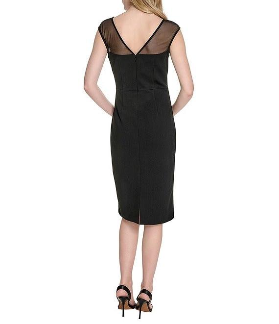 Eliza J Illusion Mesh Boat Neck 3D Flower Applique Side Ruched Scuba Crepe Sheath Dress Product Image