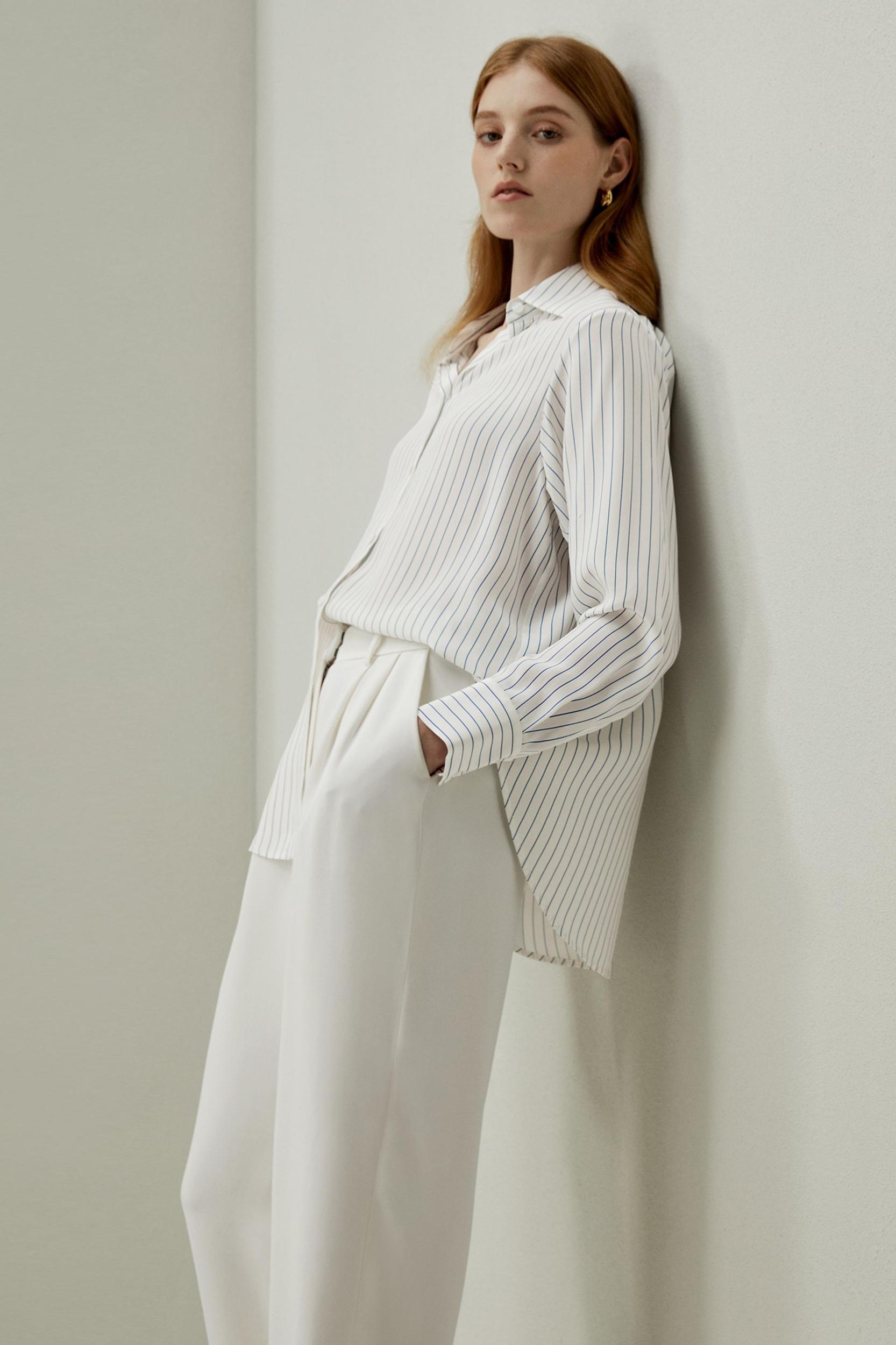 LILYSILK Women's Silk Charmeuse Oversized SOS Shirt, Brown Pinstripe, XXL Product Image