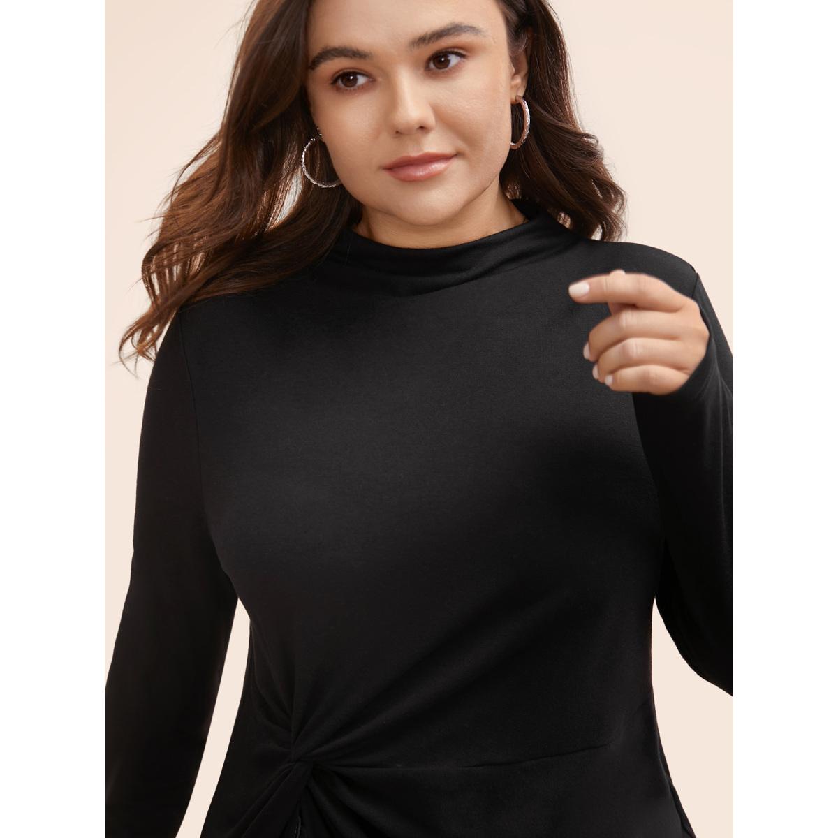 Plus Size Supersoft Essentials Twist Front Split Hem T-shirt Black Women Casual Tie knot Mock Neck Skinny Everyday T-shirts BloomChic 28/5X Product Image