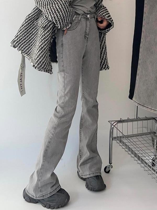 Washed Gray Elastic High Rise Flare Jeans Product Image